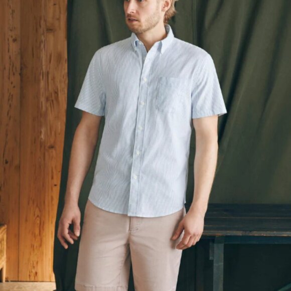 Faherty Short-Sleeve Supima Oxford Shirt Blue White Classic Stripe 26509 - Picture 7 of 8